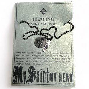 My Saint My Hero St Peregrine Healing Angel Bronzish Medallion Necklace NEW